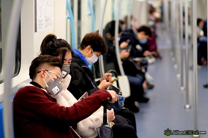 Coronavirus anxiety: people with masks in a subway. Coronavirus anxiety: people with masks in a subway.